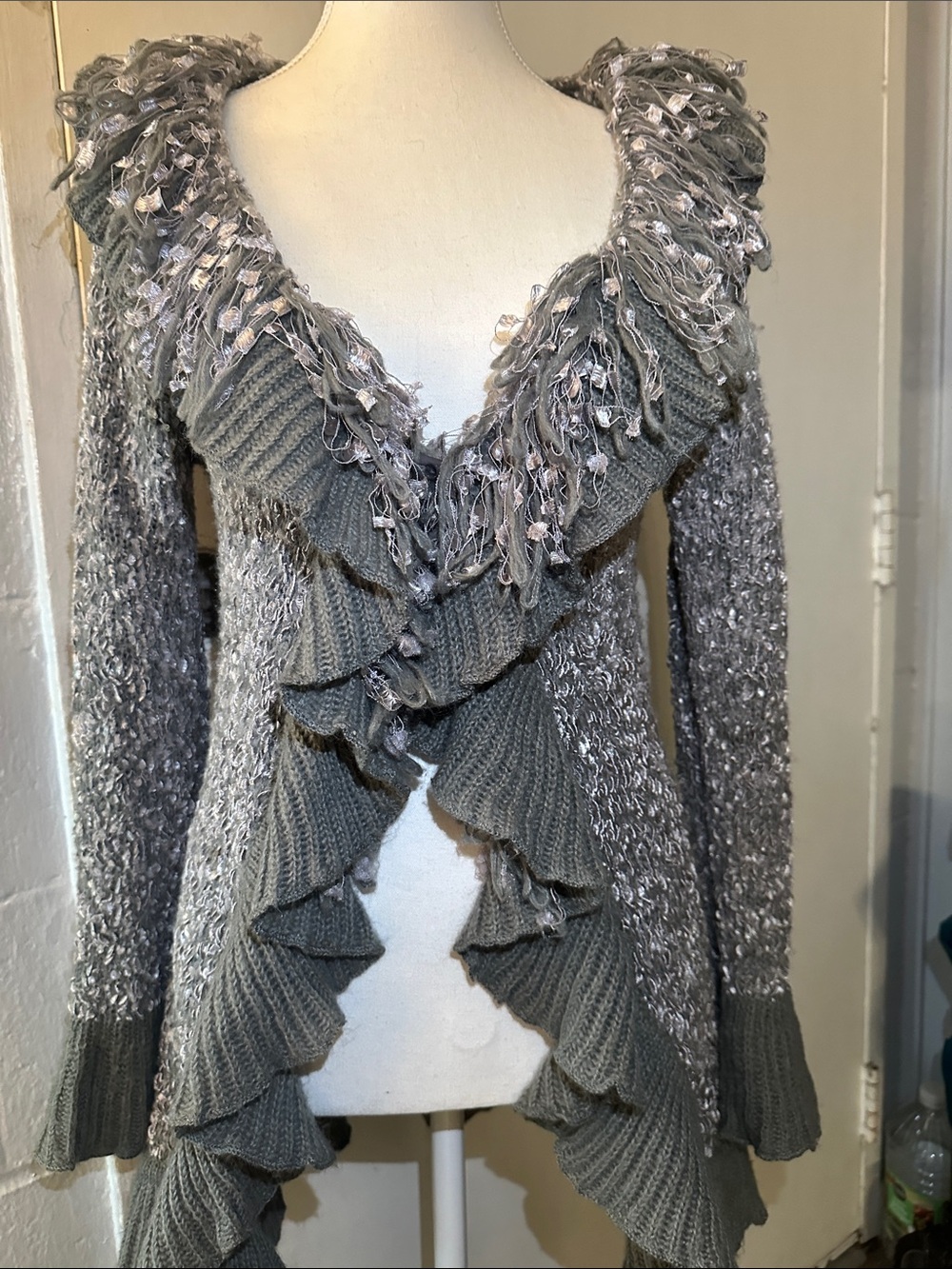 Ruffled Open-Front Gray Knit Cardigan